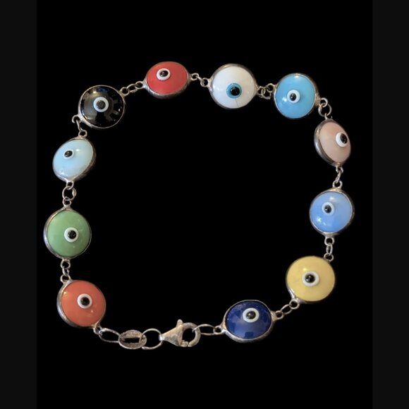 925 Oxidized Sterling Silver Multicolor Evil Eye Size 6.75" Bracelet - Picture 2 of 10